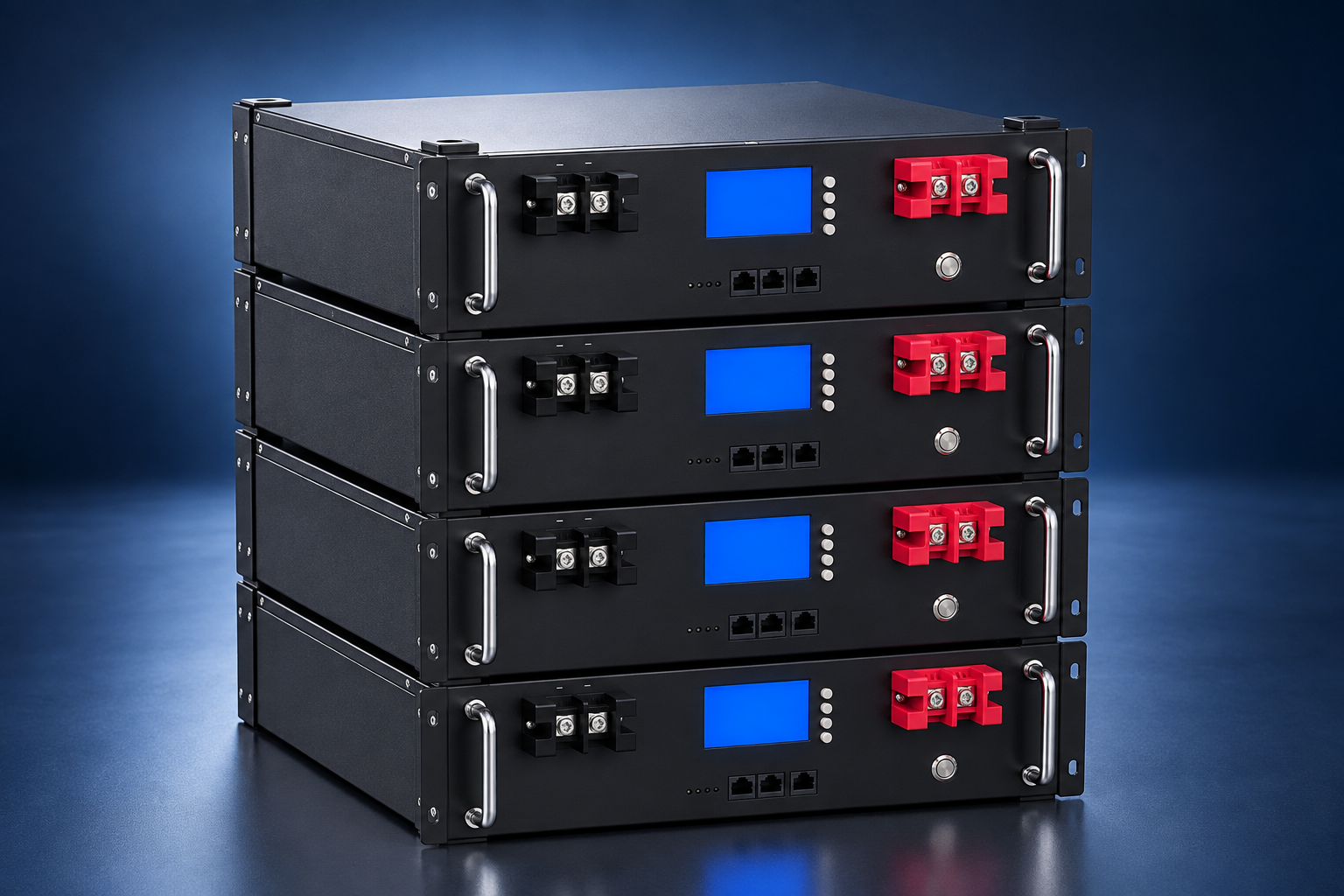 Four unbranded rack-mount LiFePO4 battery modules stacked vertically